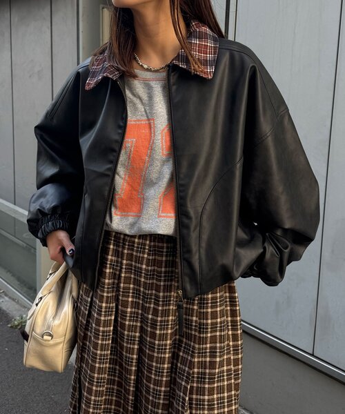 CIAOPANIC(チャオパニック)の「チェック襟フェイクレザーバルーンショートブルゾン(ブルゾン・レディース・ブラック/ベージュ/ブラウン・ONE SIZE)」の14枚目の写真