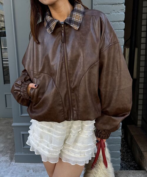 チェック襟フェイクレザーバルーンショートブルゾン（ブルゾン