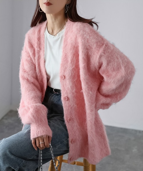 Riberry（リベリー）の「シャギーVネックニットカーディガン（カーディガン/ボレロ・レディース・ライトオレンジ系/ライトベージュ/ブラック/ブルー/グレー/レッド/ピンク系/ブラウン/アイボリー/ライトブルー/レモンイエロー/ミント・FREE）」の10枚目の写真