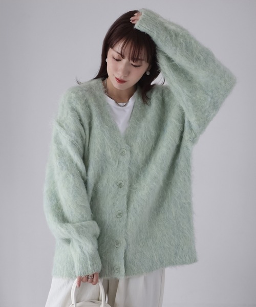 Riberry（リベリー）の「シャギーVネックニットカーディガン（カーディガン/ボレロ・レディース・ライトオレンジ系/ライトベージュ/ブラック/ブルー/グレー/レッド/ピンク系/ブラウン/アイボリー/ライトブルー/レモンイエロー/ミント・FREE）」の6枚目の写真