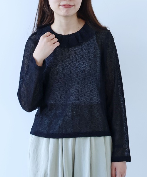 bulle de savon - bulle de savon/トップス △ラッセルドット タック衿プルオーバー（Tシャツ/カットソー）｜bulle
