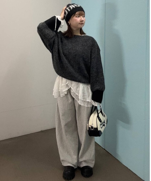 １週間 まとめ売り ジーナシス等 コーデセット 13枚 M 秋冬 シンプル セール】5GアゼWスリーブショートプルオーバー/610576（ニット