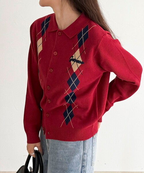GEVACO(ゲバコ)の「【GEVACO/ゲバコ】アーガイルニットカーディガン(カーディガン/ボレロ・レディース・チャコールグレー/レッド/ブラウン/ネイビー・38)」の4枚目の写真
