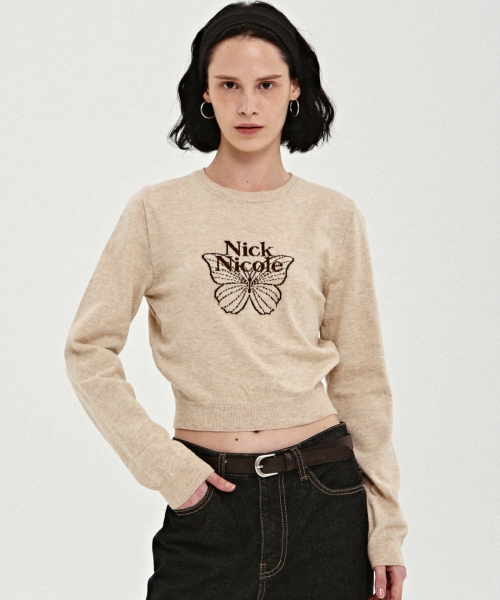 NICK&NICOLE(ニックアンドニコール)の「MINI BUTTERFLY SIGNATURE SLEEVE KNIT_BEIGE BROWN(ニット/セーター・レディース・その他・FREE)」の1枚目の写真