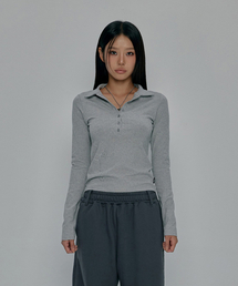 CROSS BUTTON COLLAR LONG SLEEVE_GREY