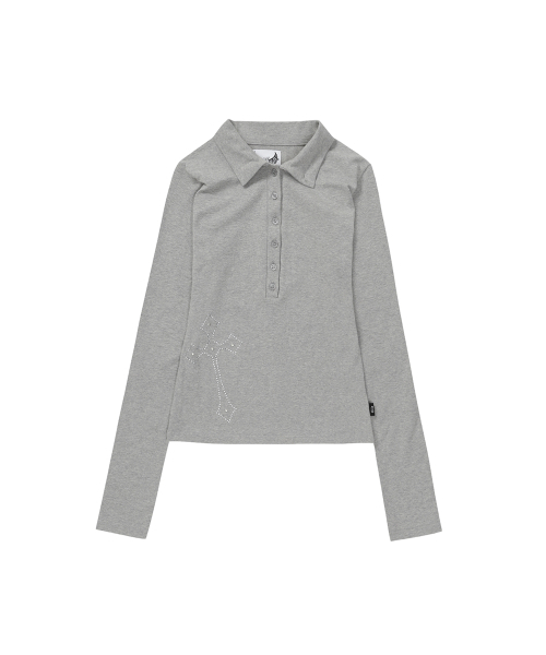 GILAARCHIVE(ギラアーカイブ)の「CROSS BUTTON COLLAR LONG SLEEVE_GREY(ポロシャツ・レディース・グレー・FREE)」の2枚目の写真