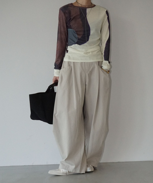 chuclla（チュクラ）の「シアーパネル ミックスカラー トップス chw26s011（Tシャツ/カットソー・レディース・ブラウン系その他・FREE）」の2枚目の写真