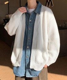 【男女兼用】フェイクレイヤードデニム襟畔編みカーディガン