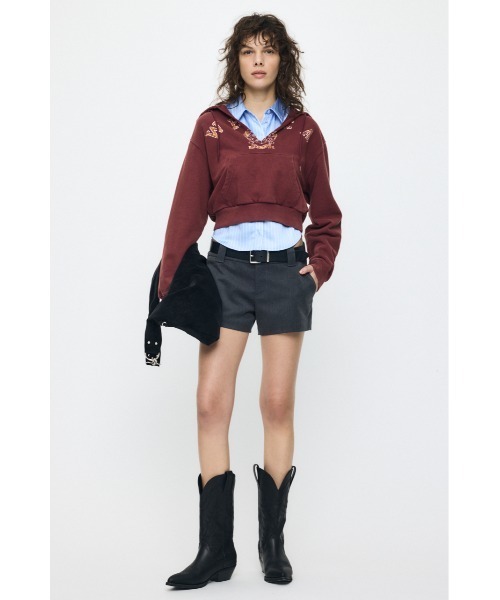 MOUSSY(マウジー)の「RUGGED LOGO フ―ディー(スウェット・レディース・杢グレー/マジェンタ・FREE)」の4枚目の写真