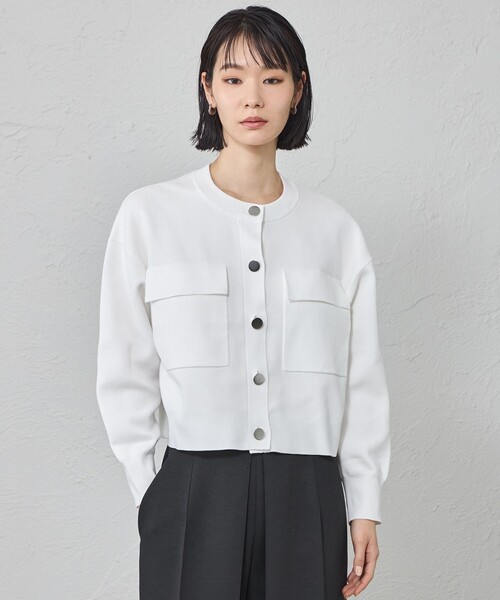 CAST:(キャストコロン)の「【着回し抜群/手洗い可能】フォルムニットジャケット(ノーカラージャケット・レディース・ネイビー/グリーン系その他3/ホワイト・M)」の1枚目の写真