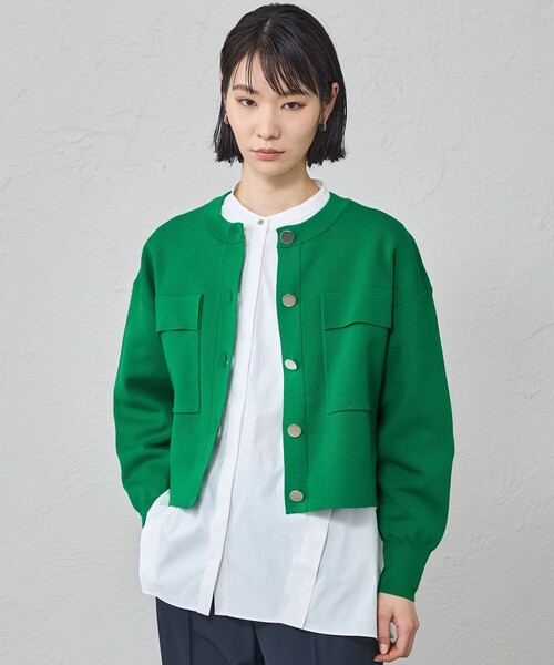 CAST:(キャストコロン)の「【着回し抜群/手洗い可能】フォルムニットジャケット(ノーカラージャケット・レディース・ネイビー/グリーン系その他3/ホワイト・M)」の2枚目の写真