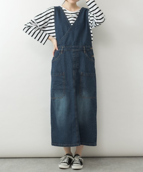 aity（アイティ）の「M-4L カシュクール デニムジャンスカ（ジャンパースカート・レディース・ネイビー/ブルー/ワンウォッシュ・L/M/4L/3L/LL）」の13枚目の写真