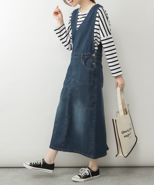 aity（アイティ）の「M-4L カシュクール デニムジャンスカ（ジャンパースカート・レディース・ネイビー/ブルー/ワンウォッシュ・L/M/4L/3L/LL）」の14枚目の写真