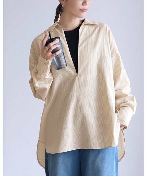 reca(レカ)の「ストライプスッキパーブラウス(シャツ/ブラウス・レディース・サックスブルー/ベージュ/ホワイト・M)」の3枚目の写真