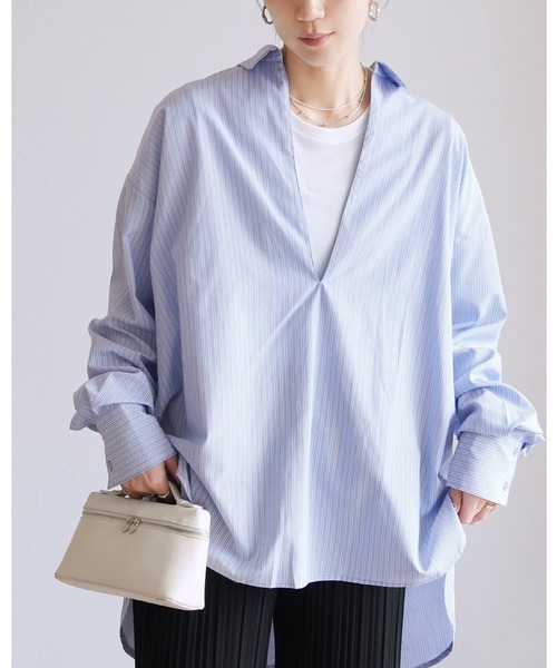 reca(レカ)の「ストライプスッキパーブラウス(シャツ/ブラウス・レディース・サックスブルー/ベージュ/ホワイト・M)」の1枚目の写真