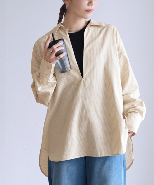 reca(レカ)の「ストライプスッキパーブラウス(シャツ/ブラウス・レディース・サックスブルー/ベージュ/ホワイト・M)」の4枚目の写真