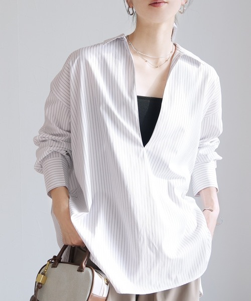 reca(レカ)の「ストライプスッキパーブラウス(シャツ/ブラウス・レディース・サックスブルー/ベージュ/ホワイト・M)」の14枚目の写真