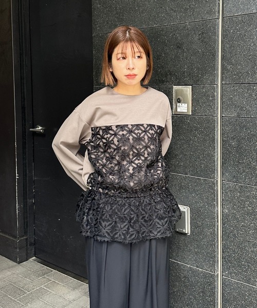 JETSET SOLO PLUS （ジェットセットソロプラス）の「【FONT LAB】チュール刺繍コンビ2WAYトップス（Tシャツ/カットソー・レディース・オフホワイト/ブラック/グレイッシュベージュ・FREE）」の18枚目の写真