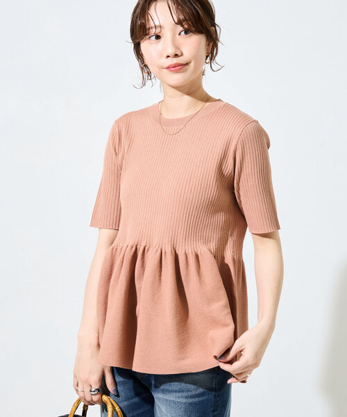 FREAK'S STORE(フリークスストア)の「限定展開 サマーニット 半袖 ペプラム トップス(ニット/セーター・レディース・ナチュラル/ブラック/ライトピンク/サックスブルー/ブラウン・フリ-)」の9枚目の写真