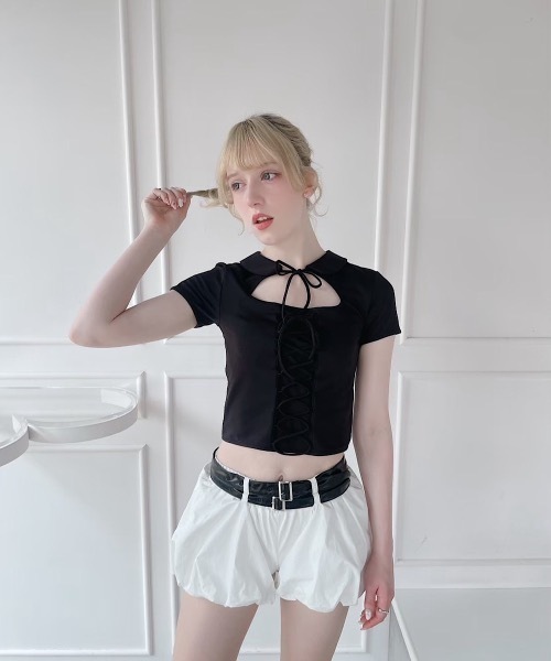 lilLilly（リルリリー）の「レースアップトップス（Tシャツ/カットソー・レディース・ホワイト/ブラック・FREE）」の11枚目の写真