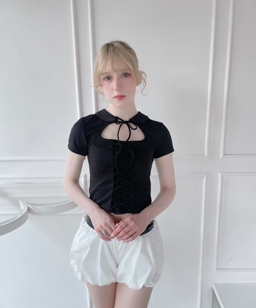 lilLilly（リルリリー）の「レースアップトップス（Tシャツ/カットソー・レディース・ホワイト/ブラック・FREE）」の8枚目の写真