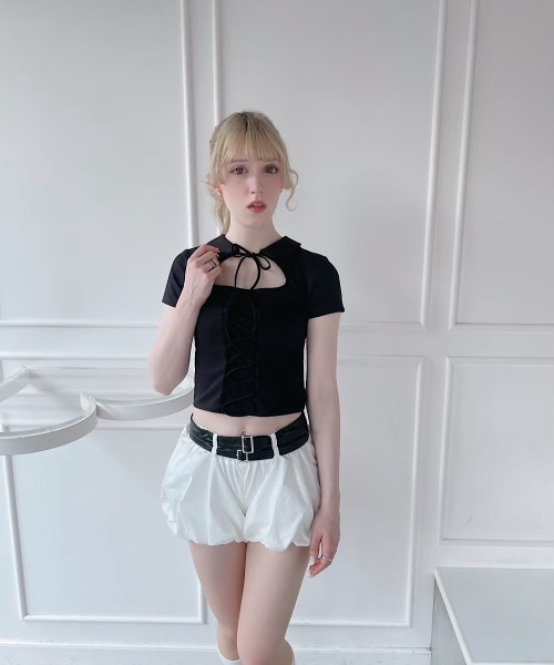 lilLilly（リルリリー）の「レースアップトップス（Tシャツ/カットソー・レディース・ホワイト/ブラック・FREE）」の6枚目の写真