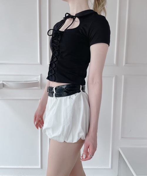lilLilly（リルリリー）の「レースアップトップス（Tシャツ/カットソー・レディース・ホワイト/ブラック・FREE）」の5枚目の写真