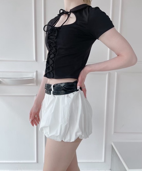 lilLilly（リルリリー）の「レースアップトップス（Tシャツ/カットソー・レディース・ホワイト/ブラック・FREE）」の4枚目の写真