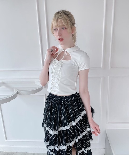lilLilly（リルリリー）の「レースアップトップス（Tシャツ/カットソー・レディース・ホワイト/ブラック・FREE）」の19枚目の写真