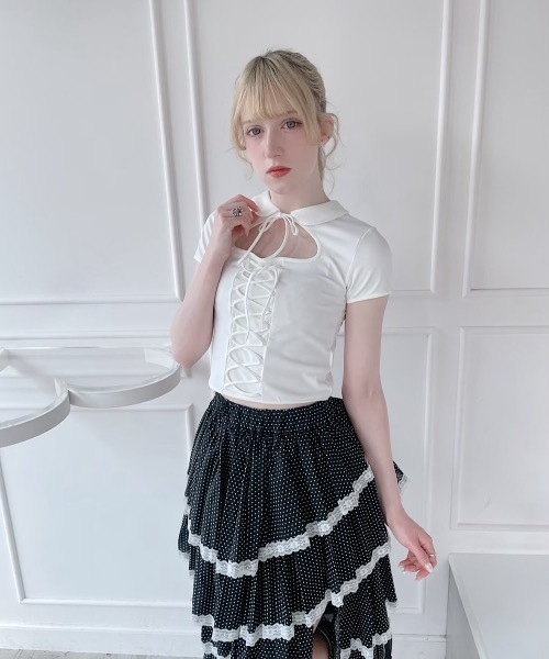 lilLilly（リルリリー）の「レースアップトップス（Tシャツ/カットソー・レディース・ホワイト/ブラック・FREE）」の15枚目の写真