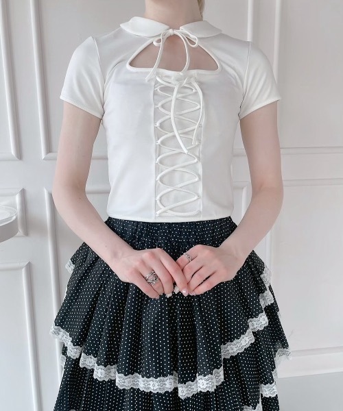 lilLilly（リルリリー）の「レースアップトップス（Tシャツ/カットソー・レディース・ホワイト/ブラック・FREE）」の14枚目の写真