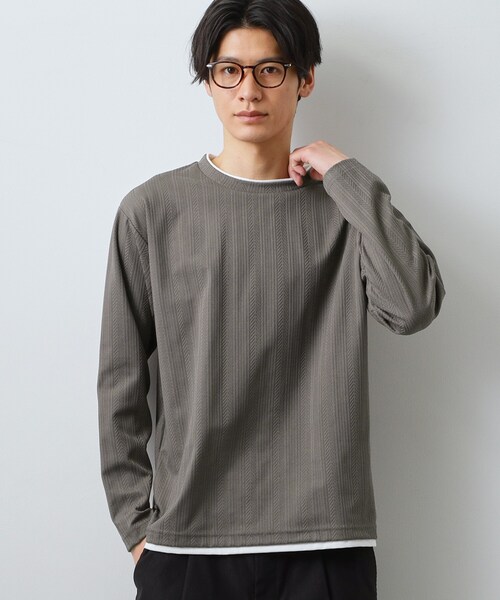 THE SHOP TK (ザ ショップ ティーケー )の「【程よく品のある着こなし】ジャカード フェイクレイヤード長袖Tシャツ 洗濯機OK(Tシャツ/カットソー・メンズ・オフホワイト/ブラウン系その他/ライトグレー/ネイビー・02/04/03)」の17枚目の写真