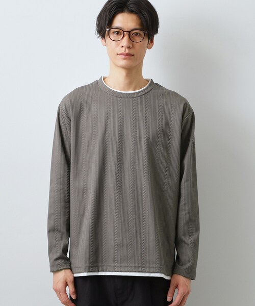 THE SHOP TK (ザ ショップ ティーケー )の「【程よく品のある着こなし】ジャカード フェイクレイヤード長袖Tシャツ 洗濯機OK(Tシャツ/カットソー・メンズ・オフホワイト/ブラウン系その他/ライトグレー/ネイビー・02/04/03)」の10枚目の写真