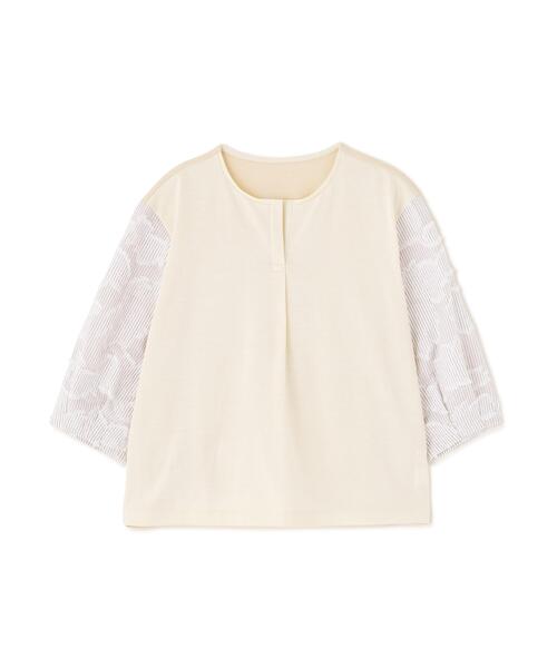 human woman(ヒューマンウーマン)の「◆カットジャガードストライプトップス(Tシャツ/カットソー・レディース・ベージュ/ブルー・MEDIUM)」の3枚目の写真