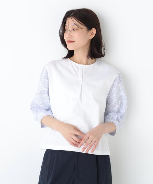 human woman(ヒューマンウーマン)の「◆カットジャガードストライプトップス(Tシャツ/カットソー・レディース・ベージュ/ブルー・MEDIUM)」の9枚目の写真