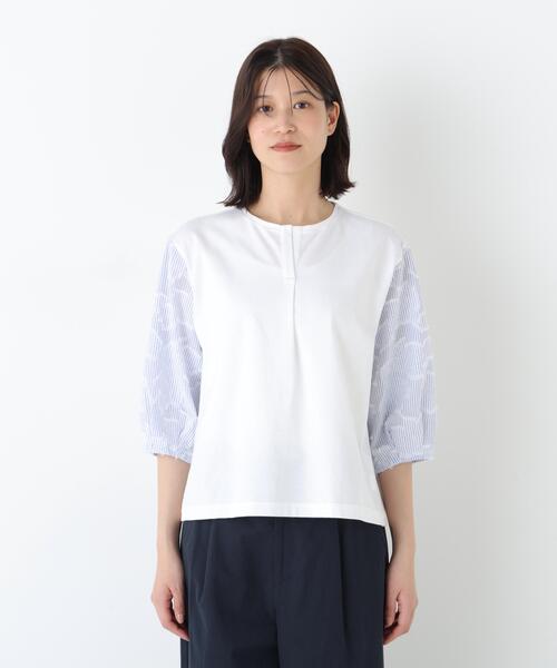 human woman(ヒューマンウーマン)の「◆カットジャガードストライプトップス(Tシャツ/カットソー・レディース・ベージュ/ブルー・MEDIUM)」の11枚目の写真