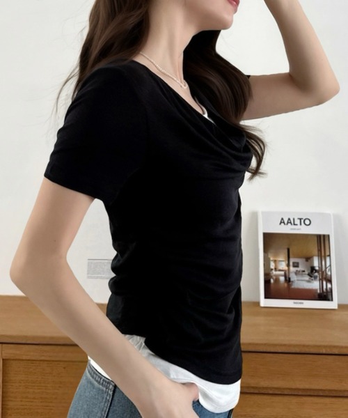 Eclat one(エクラワン)の「【Eclat one】ドレープデザイン 半袖 カットソー(Tシャツ/カットソー・レディース・チャコール/ブラック/アイボリー・FREE)」の11枚目の写真