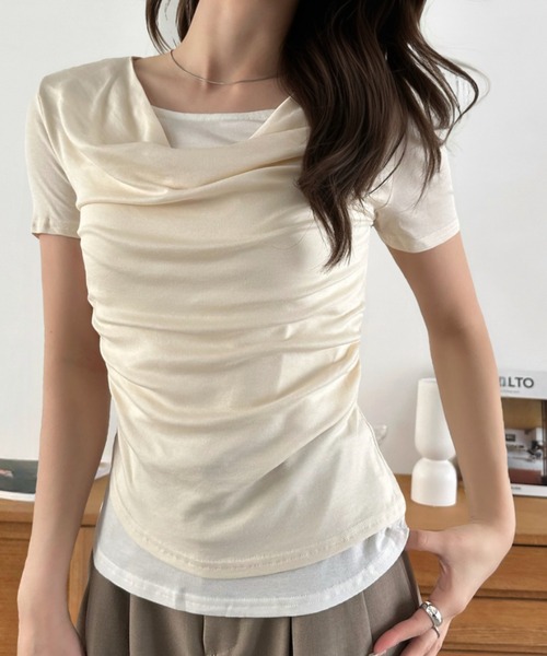 Eclat one(エクラワン)の「【Eclat one】ドレープデザイン 半袖 カットソー(Tシャツ/カットソー・レディース・チャコール/ブラック/アイボリー・FREE)」の14枚目の写真