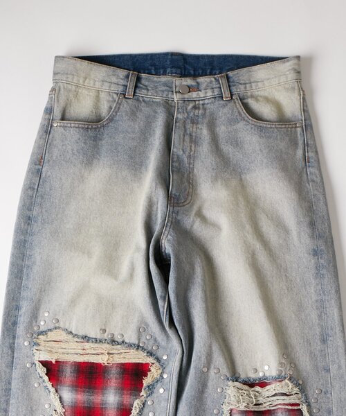 WHO'S WHO gallery（フーズフーギャラリー）の「チェックダメージスタッズデニム（デニムパンツ・メンズ・ブラック/ネイビー/サックスブルー・FREE）」の13枚目の写真