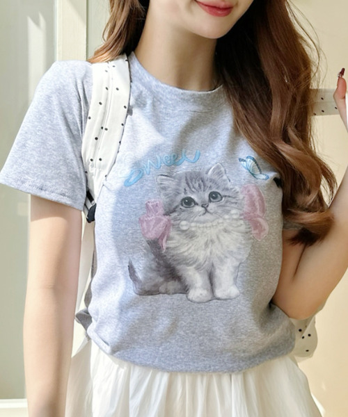 Ada.(エイダ)の「キャットプリントデザイン 半袖Tシャツ(Tシャツ/カットソー・レディース・アイボリー/ブラック/グレー・FREE)」の6枚目の写真