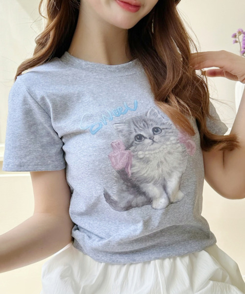 Ada.(エイダ)の「キャットプリントデザイン 半袖Tシャツ(Tシャツ/カットソー・レディース・アイボリー/ブラック/グレー・FREE)」の7枚目の写真