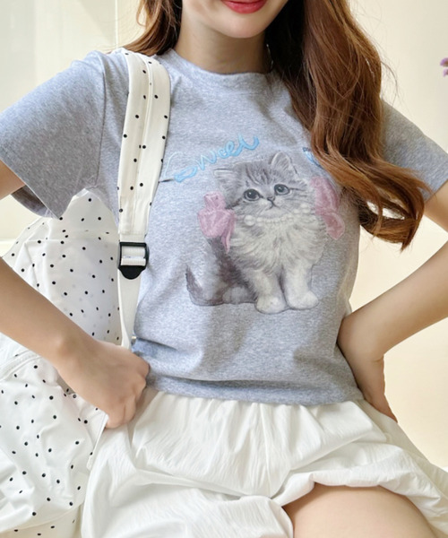 Ada.(エイダ)の「キャットプリントデザイン 半袖Tシャツ(Tシャツ/カットソー・レディース・アイボリー/ブラック/グレー・FREE)」の4枚目の写真