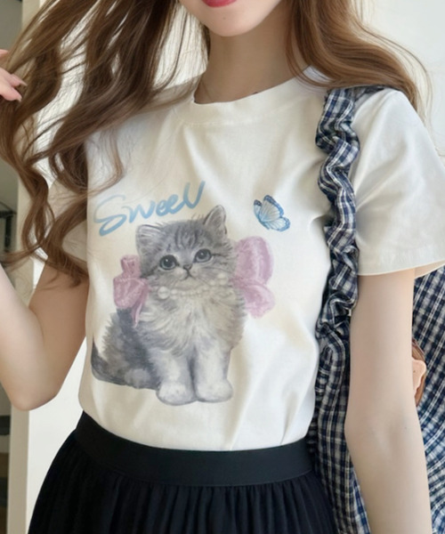 Ada.(エイダ)の「キャットプリントデザイン 半袖Tシャツ(Tシャツ/カットソー・レディース・アイボリー/ブラック/グレー・FREE)」の17枚目の写真