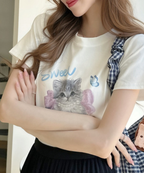 Ada.(エイダ)の「キャットプリントデザイン 半袖Tシャツ(Tシャツ/カットソー・レディース・アイボリー/ブラック/グレー・FREE)」の19枚目の写真