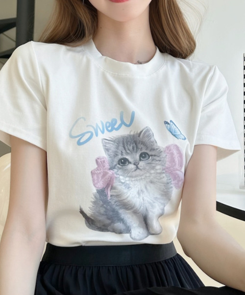 Ada.(エイダ)の「キャットプリントデザイン 半袖Tシャツ(Tシャツ/カットソー・レディース・アイボリー/ブラック/グレー・FREE)」の20枚目の写真