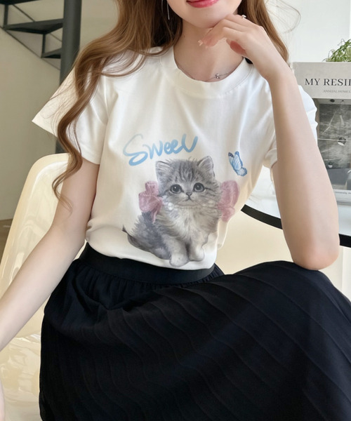 Ada.(エイダ)の「キャットプリントデザイン 半袖Tシャツ(Tシャツ/カットソー・レディース・アイボリー/ブラック/グレー・FREE)」の21枚目の写真