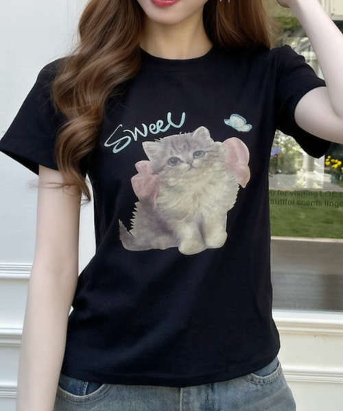 Ada.(エイダ)の「キャットプリントデザイン 半袖Tシャツ(Tシャツ/カットソー・レディース・アイボリー/ブラック/グレー・FREE)」の10枚目の写真