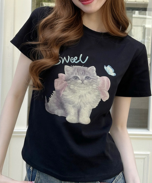 Ada.(エイダ)の「キャットプリントデザイン 半袖Tシャツ(Tシャツ/カットソー・レディース・アイボリー/ブラック/グレー・FREE)」の13枚目の写真
