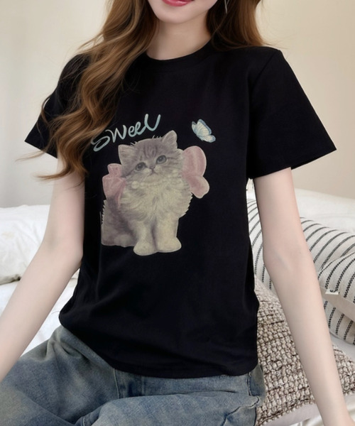 Ada.(エイダ)の「キャットプリントデザイン 半袖Tシャツ(Tシャツ/カットソー・レディース・アイボリー/ブラック/グレー・FREE)」の14枚目の写真
