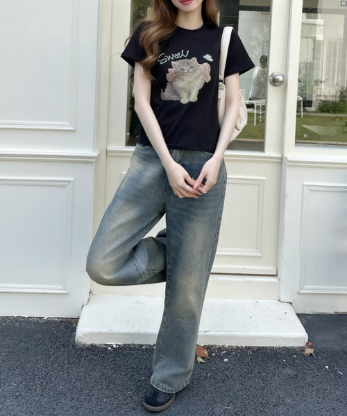 Ada.(エイダ)の「キャットプリントデザイン 半袖Tシャツ(Tシャツ/カットソー・レディース・アイボリー/ブラック/グレー・FREE)」の12枚目の写真